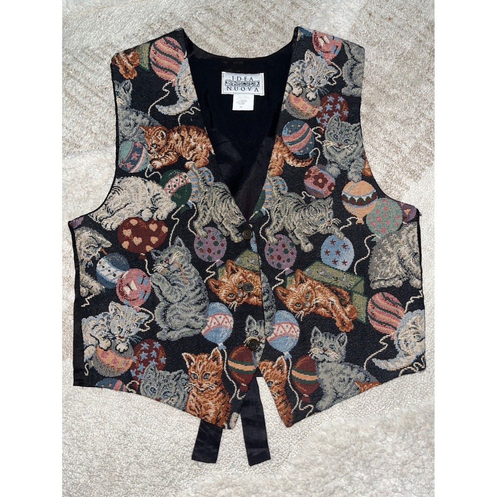Vintage Idea Nuova Cat Kitten Balloon Tapestry Vest Womens Small Medium Made USA